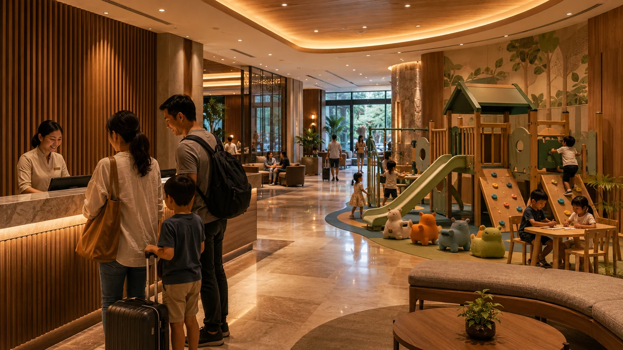Family-friendly hotel lobby with a children's playground near reception